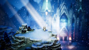 A snowy fantasy landscape with a small figure standing on a frozen platform, with glowing icy castle-like structures in the background and beams of light shining through falling snow.