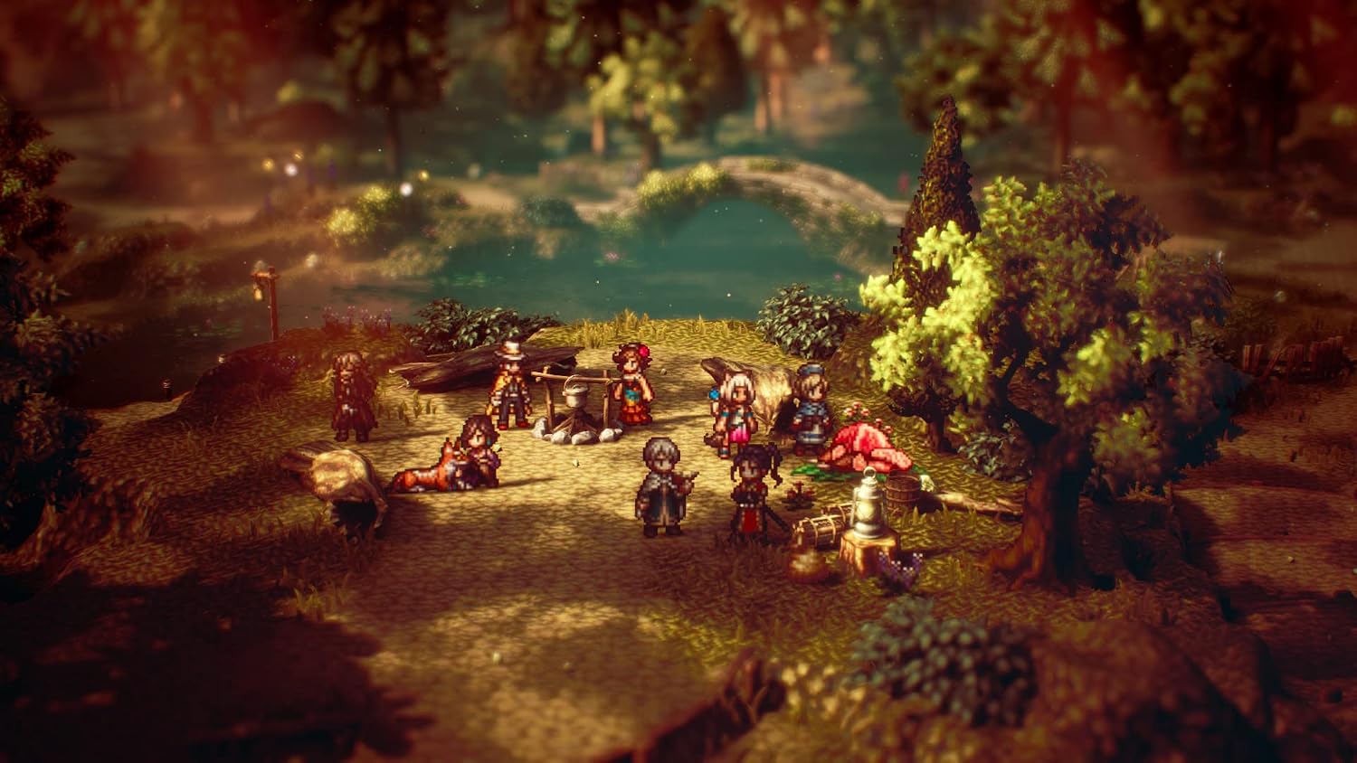 A fantasy game scene showing a small group of characters gathered around a campfire in a wooded outdoor setting with trees, grass, and a glowing blue-green body of water in the background.