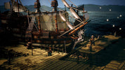 Pirate ship at night with characters on a dock