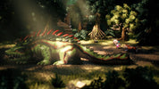 Large dinosaur-like creature in a forest setting with characters in the background