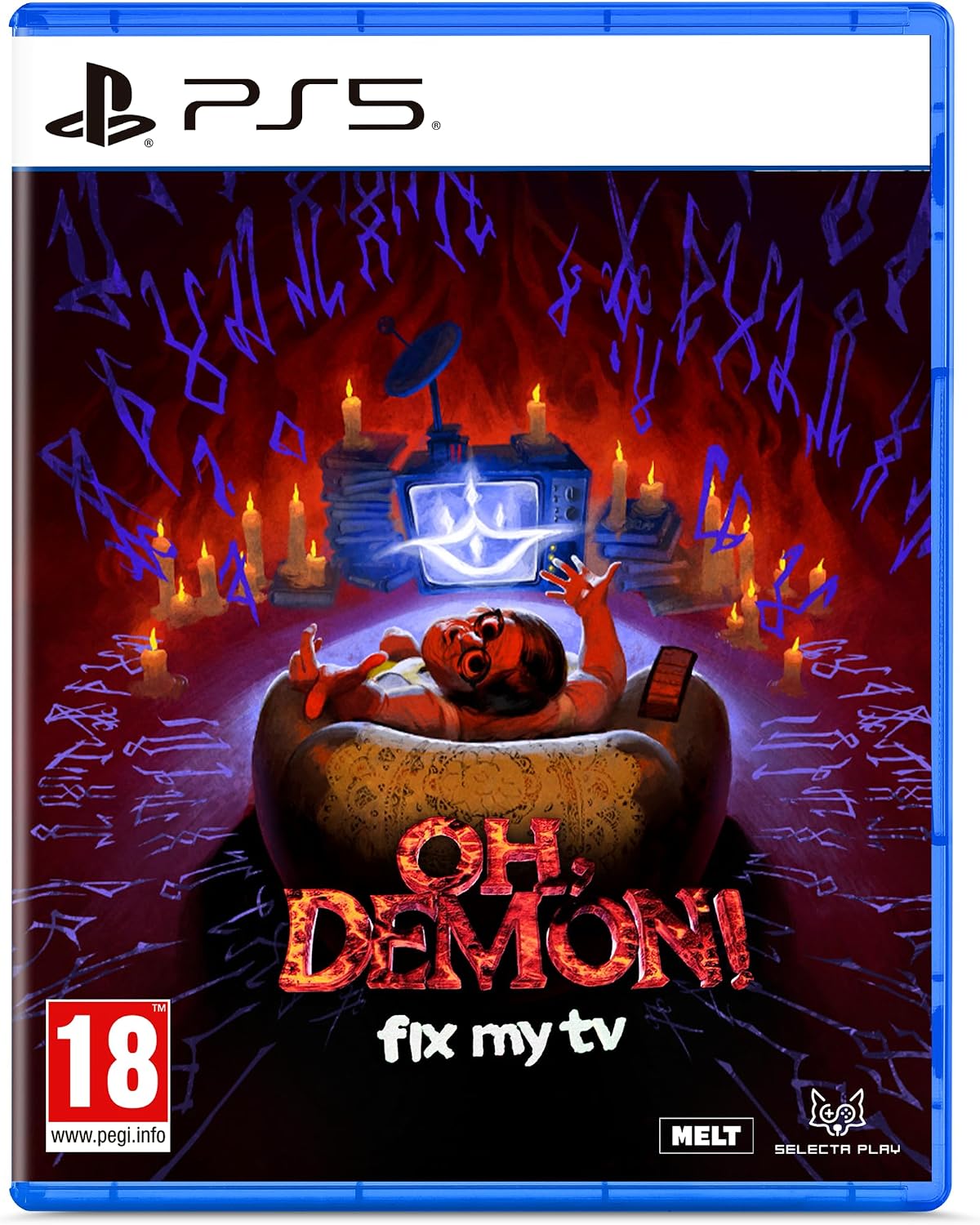 PS5 game case for 'Oh, Demon! Fix My TV' featuring a dark red and purple horror illustration with a character in a bathtub, PS5 branding at the top, and PEGI 18 and Melt logos at the bottom.