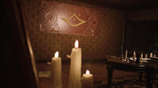 A dimly lit interior scene with several lit white candles in the foreground, patterned wallpaper, a carved wooden wall panel with a gold crescent symbol, and a dark table with more candles in the background.