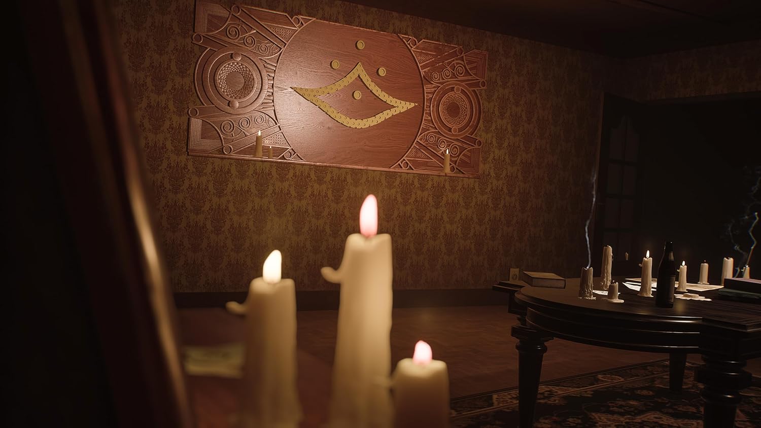 A dimly lit interior scene with several lit white candles in the foreground, patterned wallpaper, a carved wooden wall panel with a gold crescent symbol, and a dark table with more candles in the background.