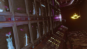 A dark, futuristic interior with rows of illuminated control panels and screens showing white ghost-like figures, with a glowing yellow crown-like light in the background.
