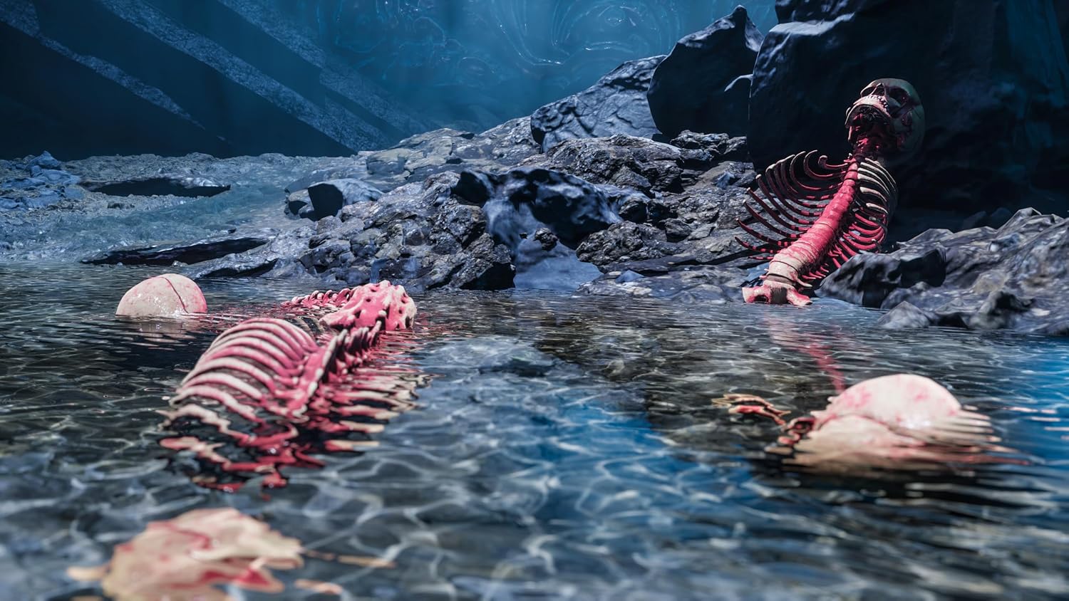 A dramatic scene of prehistoric dinosaur bones and skulls partially submerged in shallow water among dark rocks, with a blue, misty background.