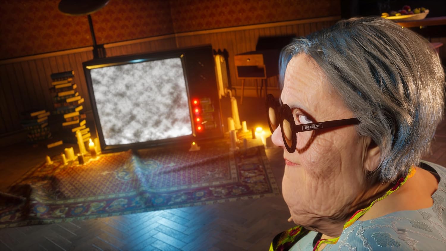 An elderly woman with gray hair and round black eyeglasses is shown in profile, looking toward a vintage television set in a dimly lit room with candles and patterned wallpaper.