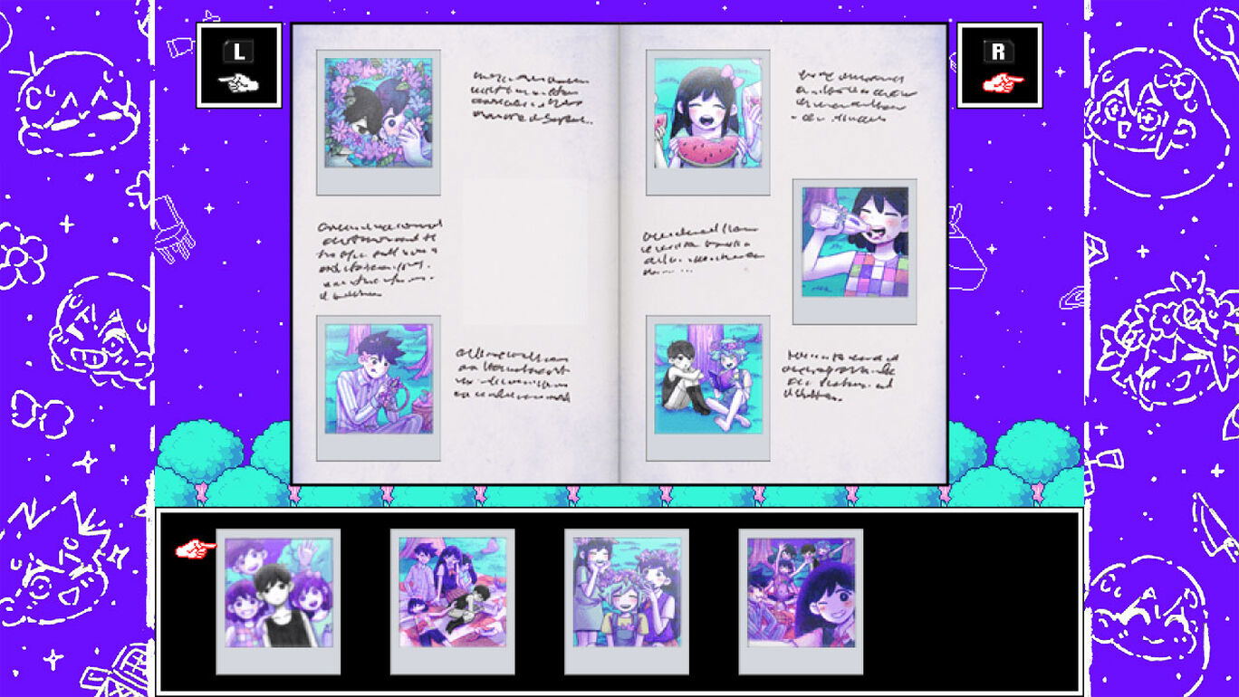 Animated character book with illustrations and text on a purple background