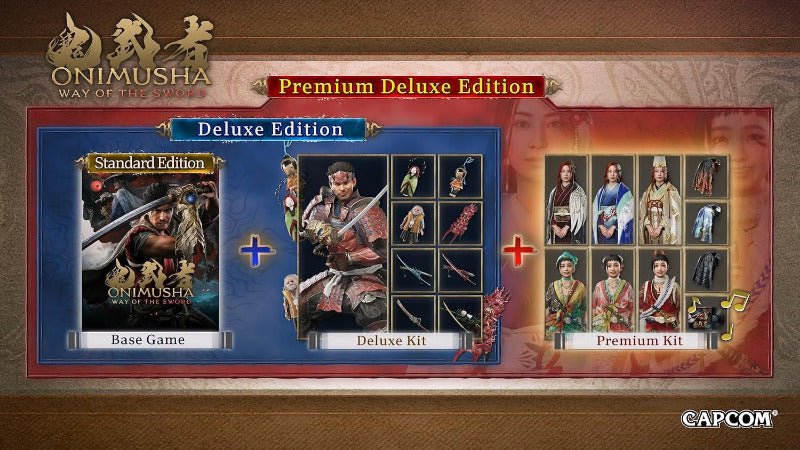 Promotional graphic for the Onimusha Way of Legends Premium Deluxe Edition, showing the base game, deluxe kit, and premium kit contents on a stylized red and gold background. A Capcom logo is visible in the bottom right corner.
