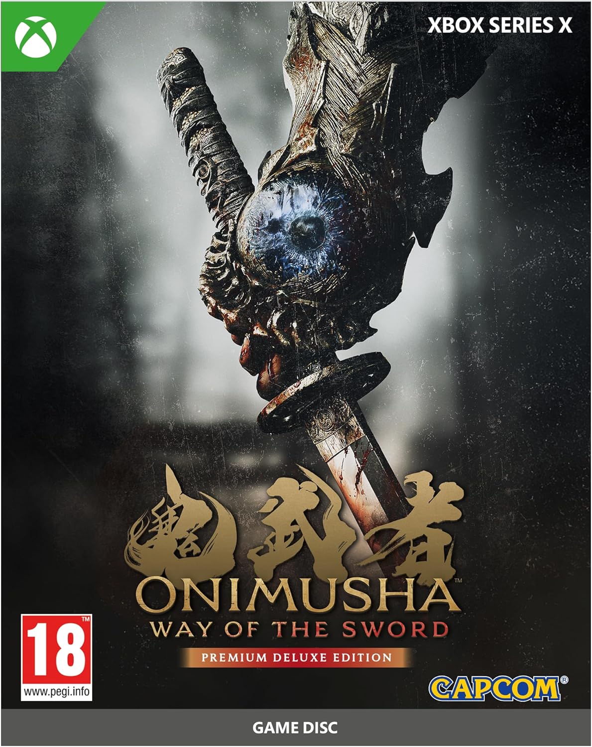 Front cover art for the Xbox Series X version of Onimusha: Way of the Sword Premium Deluxe Edition game disc, featuring a large ornate sword with a blue eye-like center against a dark smoky background. Visible branding includes Xbox, Xbox Series X, Capcom, PEGI 18, and the game title Onimusha.