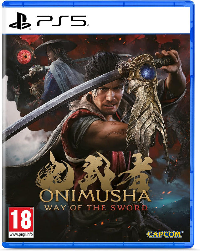PS5 game case for Onimusha: Way of the Sword, featuring cover art with a samurai holding a sword, a red PEGI 18 rating logo, PlayStation 5 branding, and Capcom branding.