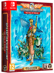 Nintendo Switch Collector's Edition board game box for Operation: High Jump - The Fall of Belnex, featuring illustrated cover art with a central character in a brown outfit against a bright blue icy background, with red border framing and game branding visible.