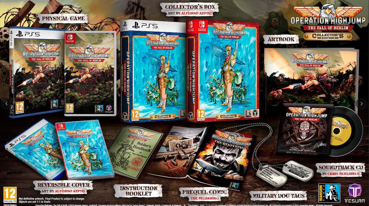 Collection of 'Operation High Jump' video game collectibles including cases, manuals, and figurines on a dark background.