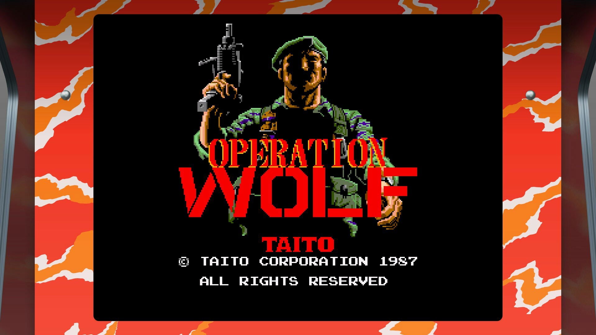 Vintage video game title screen for 'Operation Wolf' by Taito with a red and orange border.