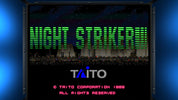 Vintage video game screen with 'Night Strikers' and Taito logo on a dark background