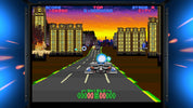 Video game screen with a futuristic cityscape and robot character.