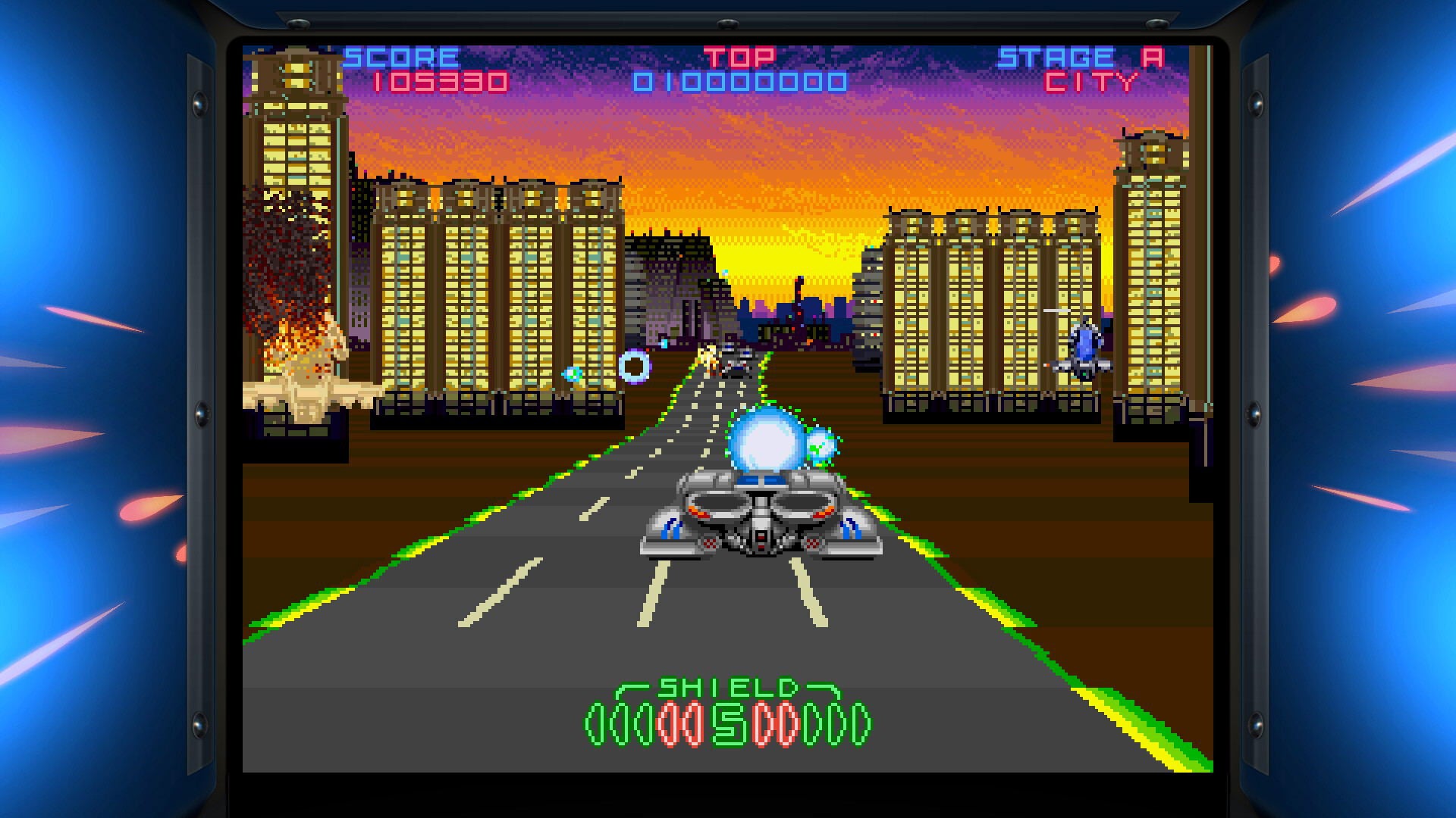 Video game screen with a futuristic cityscape and robot character.