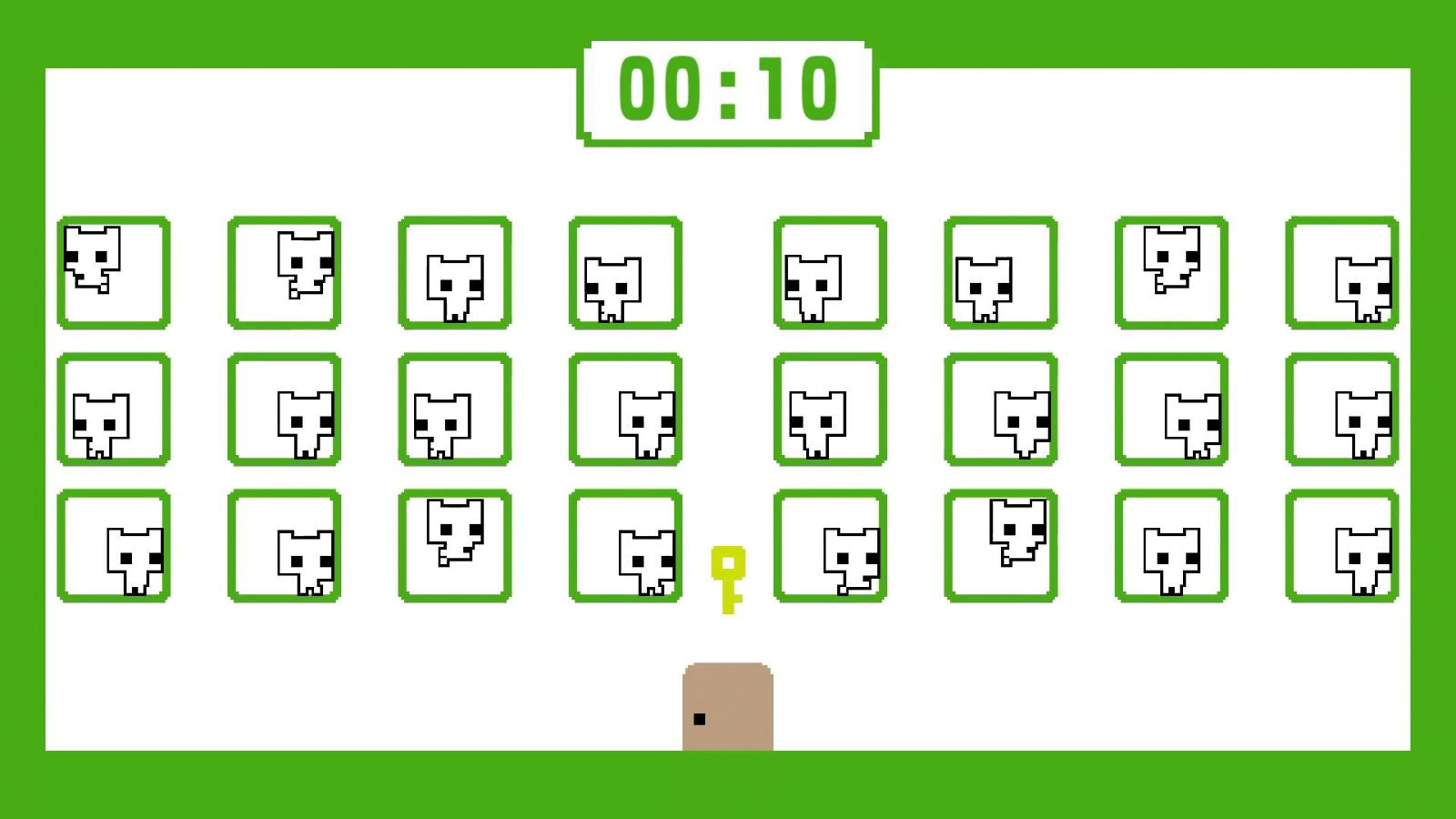 Game interface with cat icons and a timer on a green background