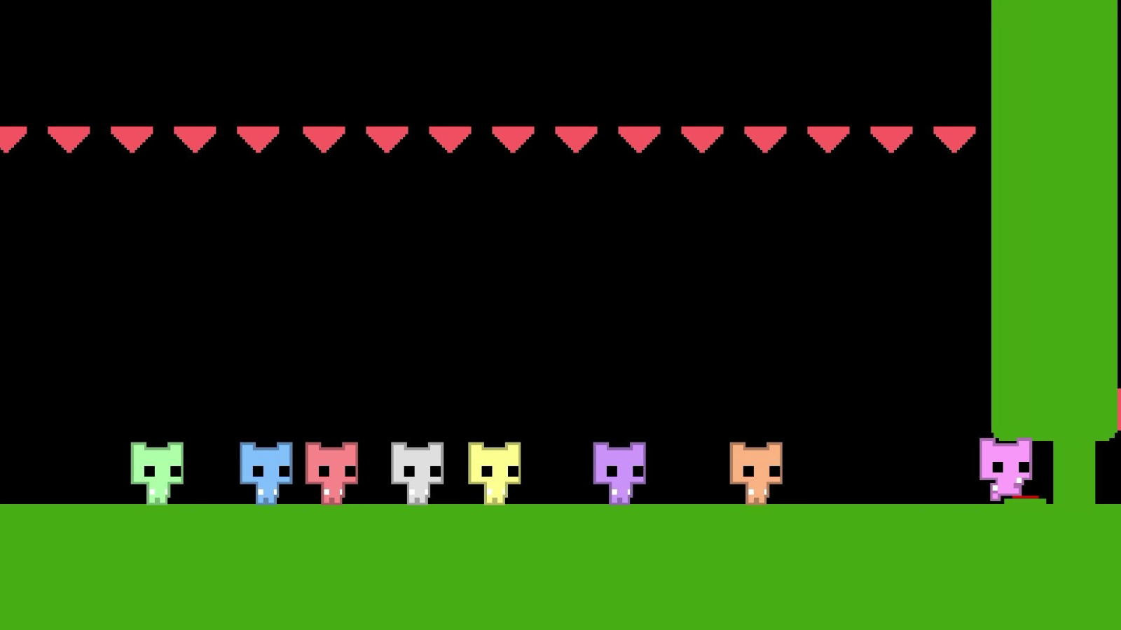 Pixelated cat characters on a black background with pink hearts