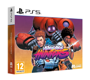 PlayStation 5 game case for 'Vengeance Hunters' with two characters and a robot on a purple and orange background.