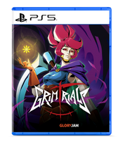 PS5 game case for the video game Grim Rials: Glory Jam, featuring stylized cover art of a character with pink hair and a blue outfit against a dark purple background.
