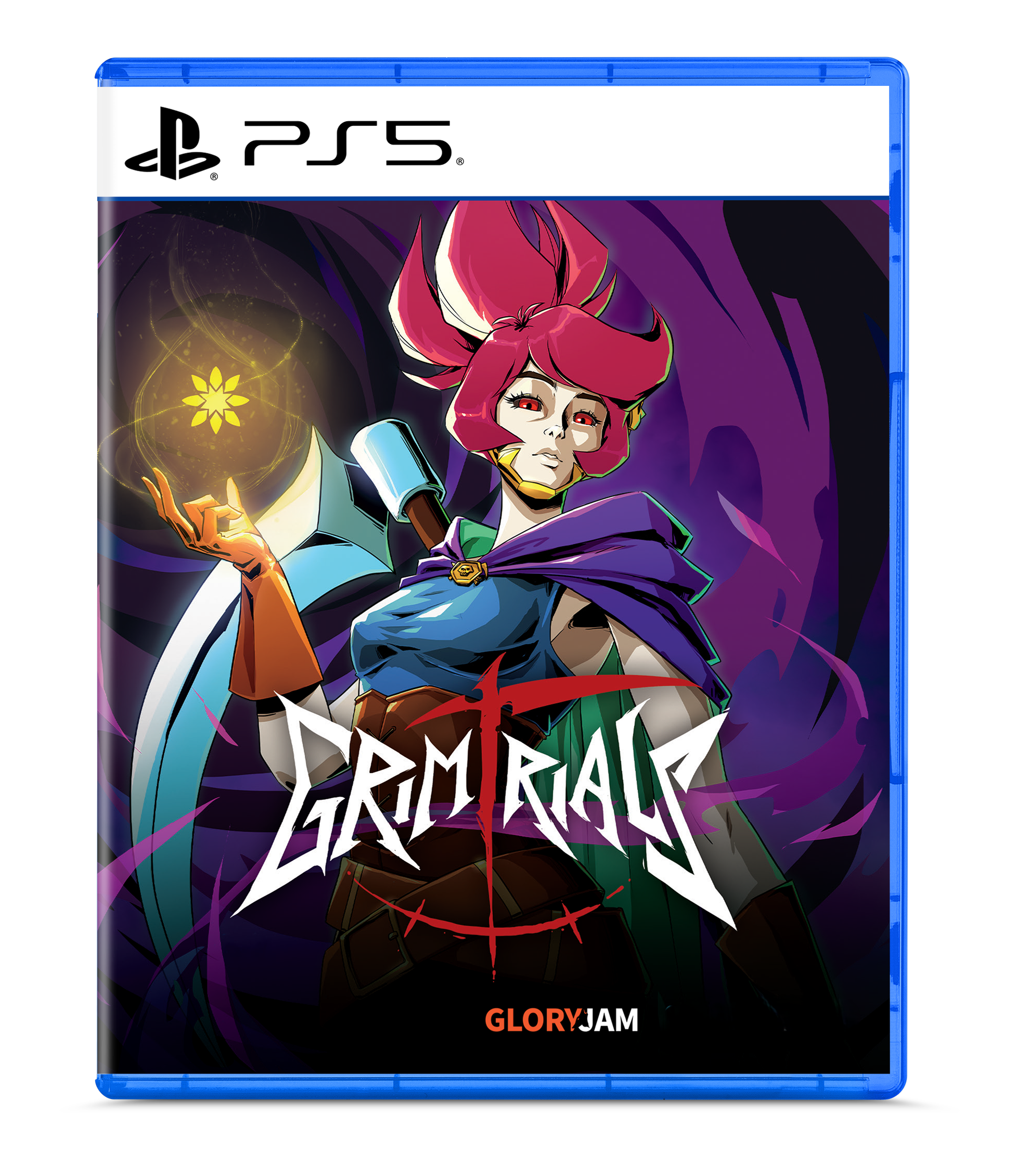 PS5 game case for the video game Grim Rials: Glory Jam, featuring stylized cover art of a character with pink hair and a blue outfit against a dark purple background.