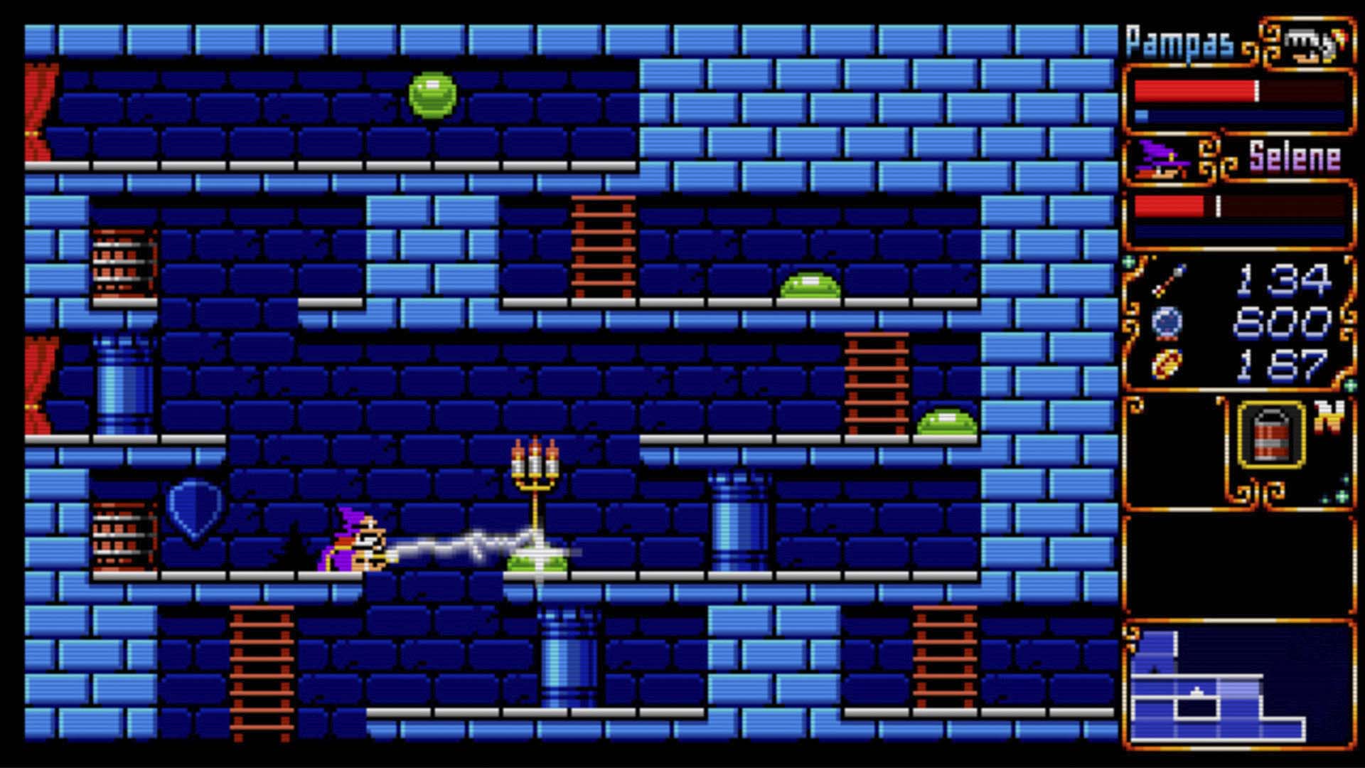 Screenshot of a retro-style platformer game with character and health bars on a brick wall background.