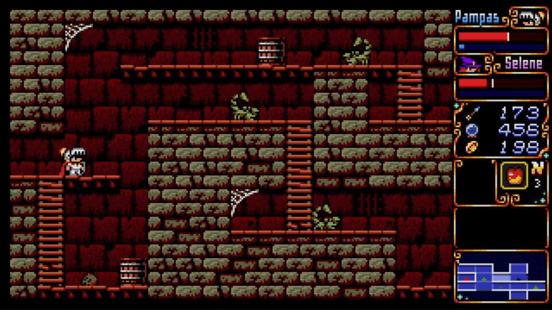 Pixelated game screen with character and inventory interface in a dungeon-like setting