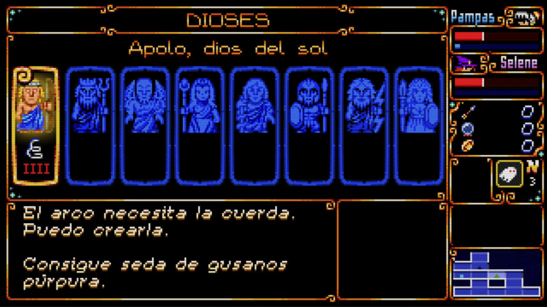 Game interface with character selection screen and text in Spanish