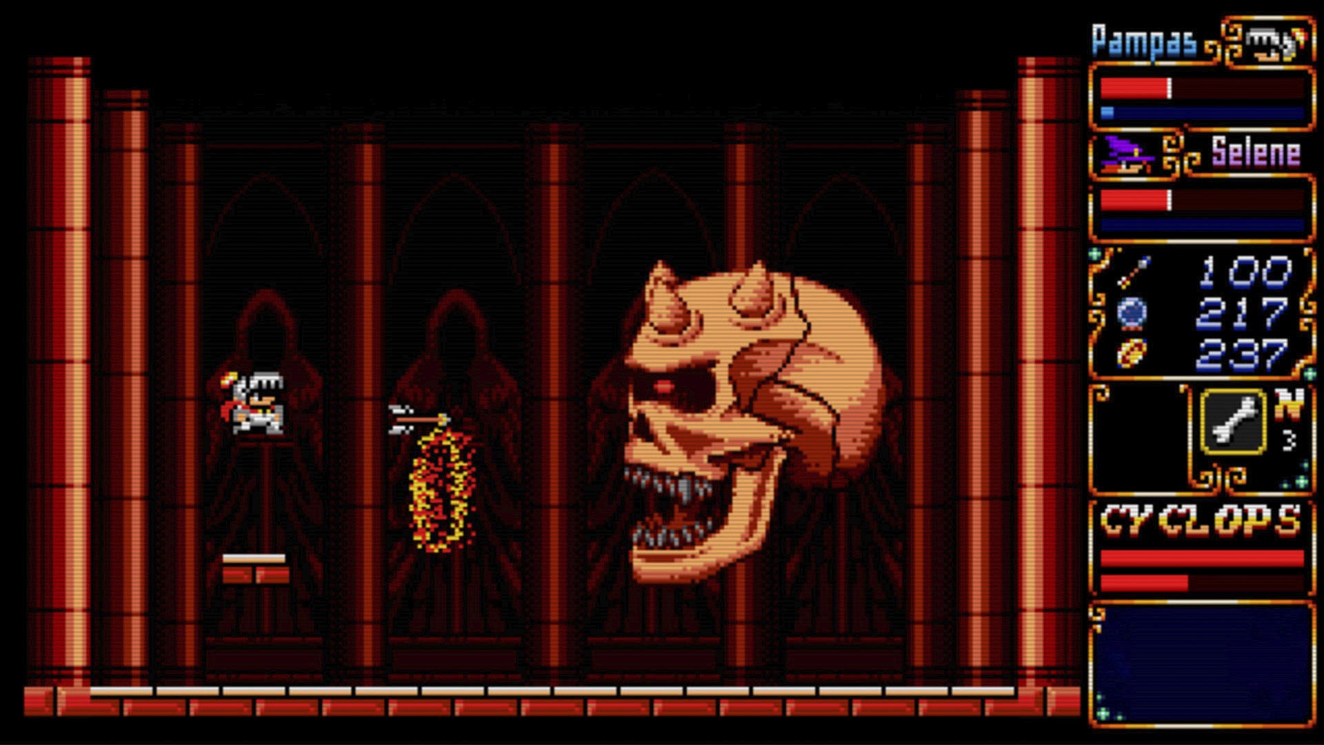 Pixelated game screen with a skull-like creature and character stats on a dark background