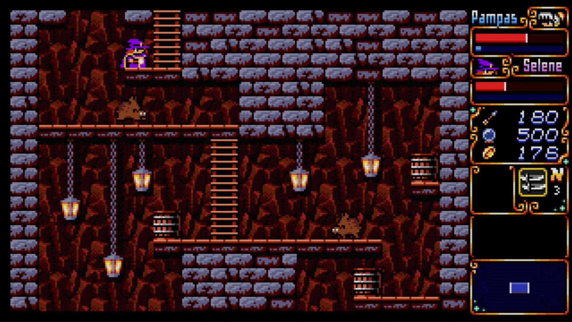 Screenshot of a retro-style dungeon crawler game with character health and inventory on the right.
