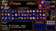 Game interface with character portraits, inventory items, and game stats on a blue background.