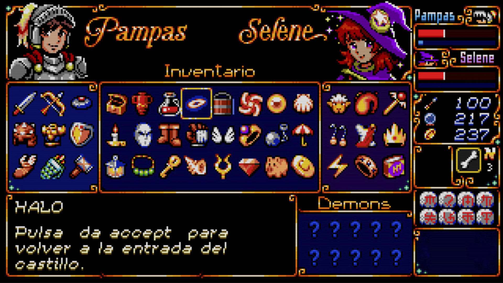 Game interface with character portraits, inventory items, and game stats on a blue background.