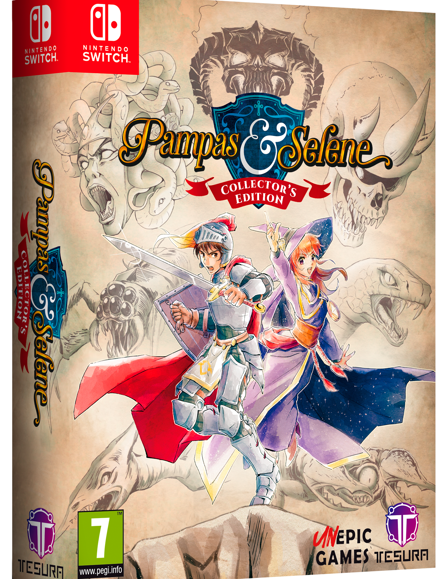 Game box for 'Pampas & Selene' Collector's Edition on Nintendo Switch with characters and dragons on a beige background.