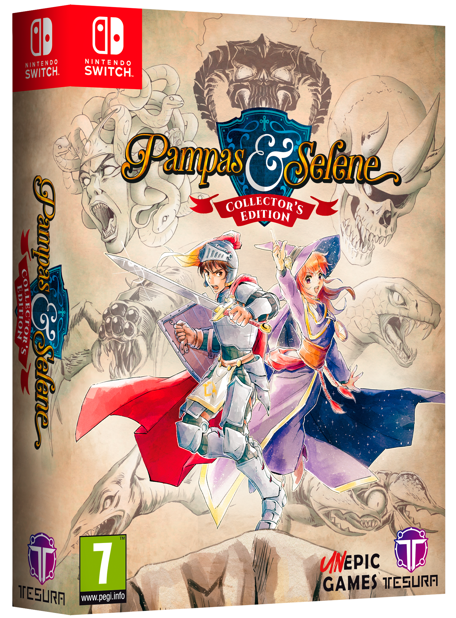 Game box for 'Pampas & Selene' Collector's Edition on Nintendo Switch with characters and dragons on a beige background.