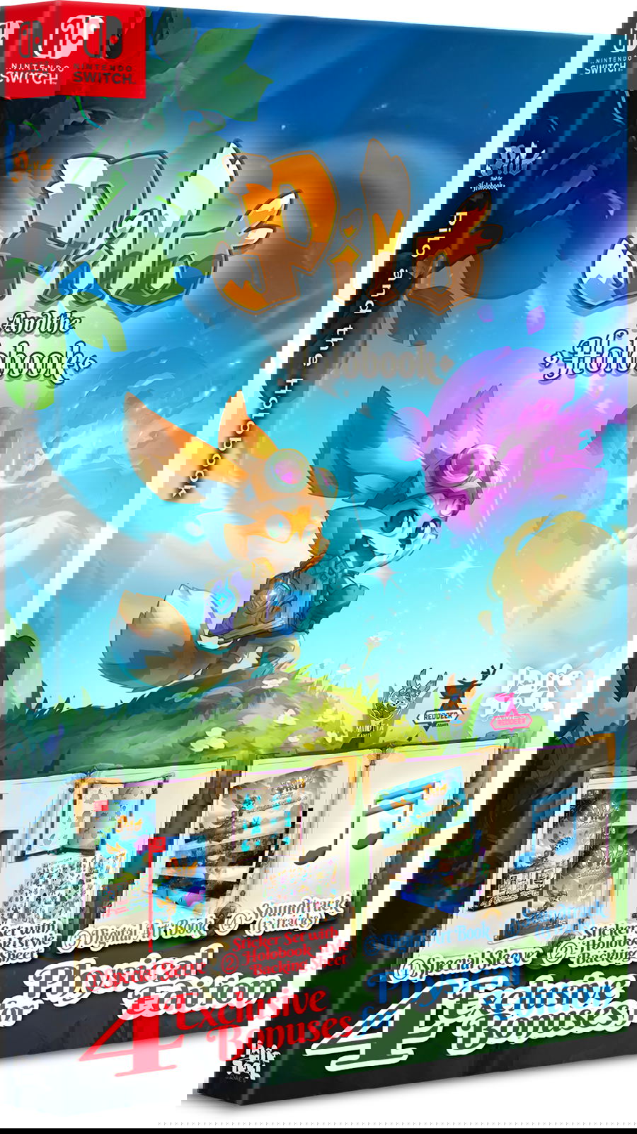 Game box for 'Pilo and the Holobook' with character illustration and bonuses on a blue background