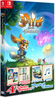 Game box for 'Pilo and the Holobook' with character illustration and bonuses on a blue background