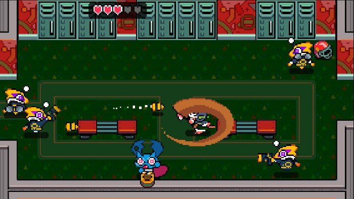 Pixel art-style game scene with characters and objects on a green platform.