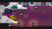 Pixel art scene with characters in a room with purple walls and clouds.