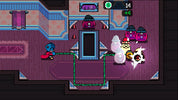 Screenshot of a platformer game with characters and obstacles on a purple platform.