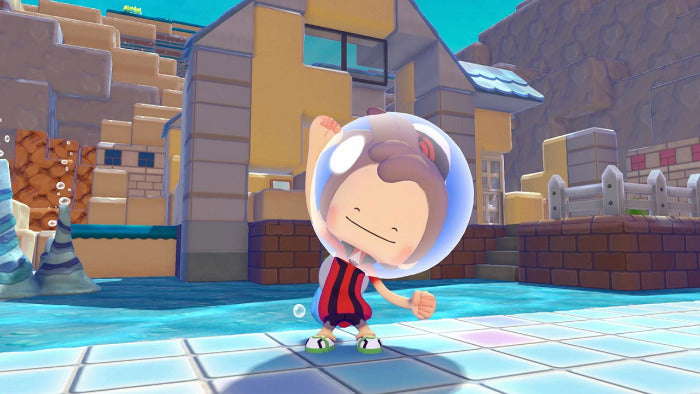 A stylized 3D cartoon character wearing a clear bubble helmet and a red-and-black striped shirt stands in a colorful blocky outdoor village scene with buildings, water, and stone structures.