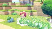 Cartoon character with a green leafy weapon in a garden setting