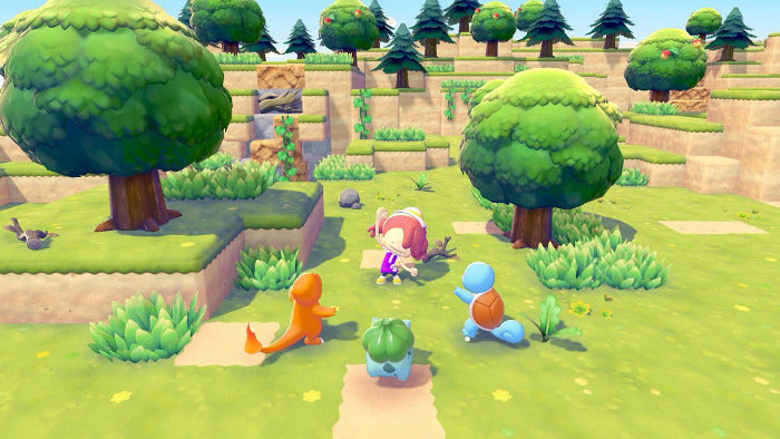 Animated characters in a colorful, cartoon-style landscape with trees and grass.