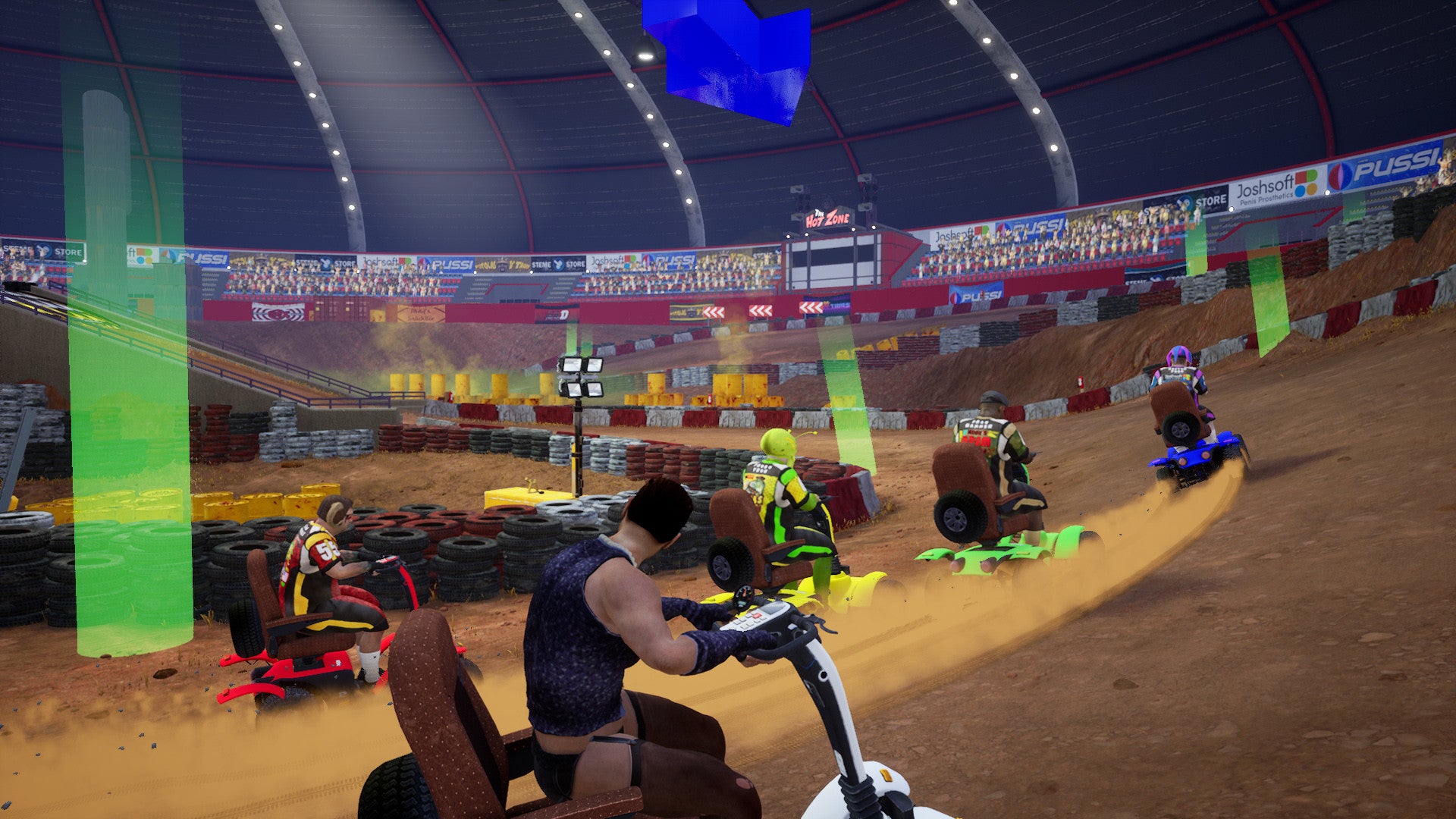 Virtual reality racing game with players on motorcycles in a virtual arena.