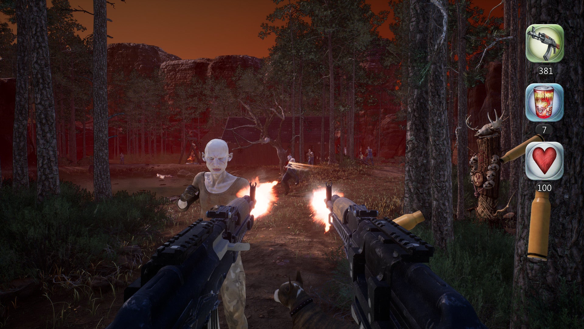 Game scene with two characters holding guns in a forest at night.