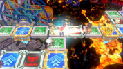 A colorful, action-packed scene from a video game showing a small character standing on a platform above a fiery lava-like area, with multiple square tiles marked 'BURNT' and 'ENEMY' in the foreground and a large blue wheel-like structure in the background.