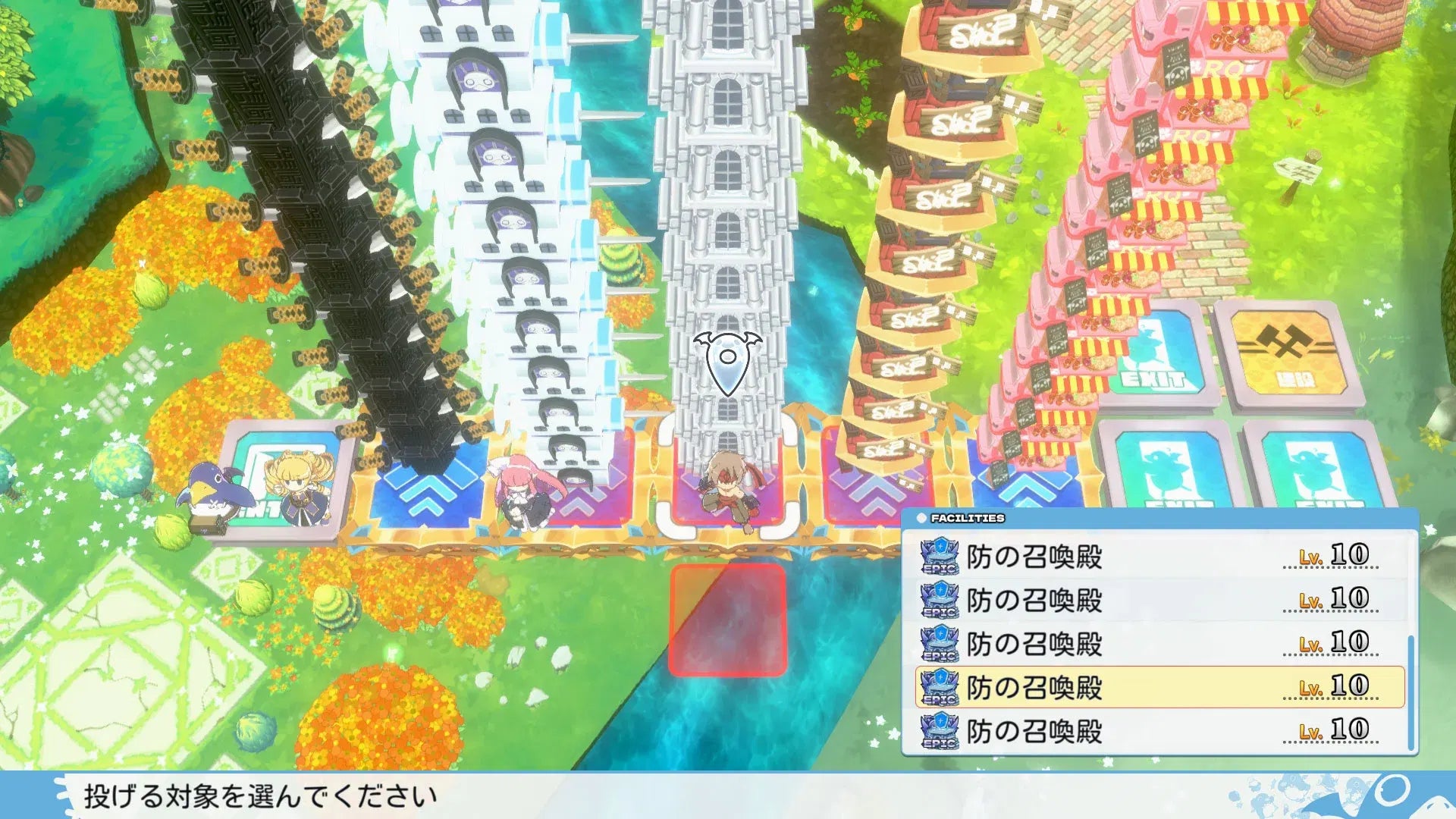 A top-down screenshot from a stylized fantasy game showing a castle-like structure, towers, colorful terrain, and a blue status panel on the right with Japanese text.