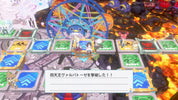 A colorful video game scene showing a group of fantasy characters standing on a platform with glowing green and blue tiles, a large blue wheel behind them, and fiery lava-like terrain in the background. Japanese text appears in a dialogue box at the bottom.