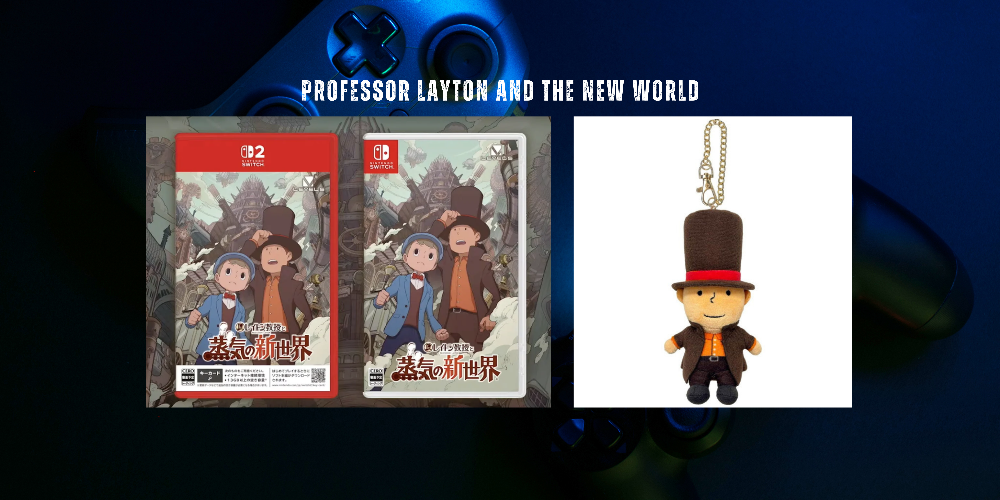 Professor Layton and the New World Nintendo Switch game box set shown alongside a matching character keychain, with the title text 'PROFESSOR LAYTON AND THE NEW WORLD' above on a dark blue background.