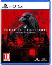 PS5 game case for Project Songbird, featuring a large black raven over a red splattered background with a small cabin and a glowing red window. Visible branding includes PlayStation 5 at the top and Firefly Games at the bottom.