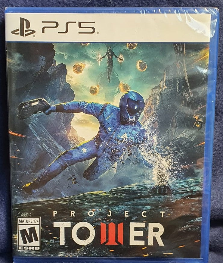 PlayStation 5 game case for 'Project Tower' with a character in a blue suit on the cover.